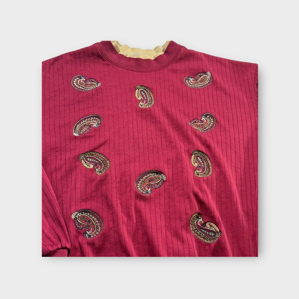 Ribbed Paisley Mock Neck Sweater Top Burgundy Vintage Pullover Sz XL - Picture 3 of 13